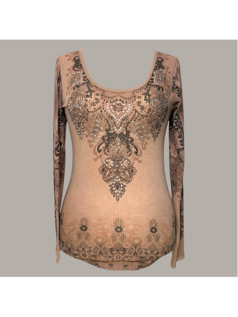 Vocal Rhinestone Angel Wings Long Sleeve Top M Tan Ribbed Y2K Mall Goth Biker - Picture 11 of 15
